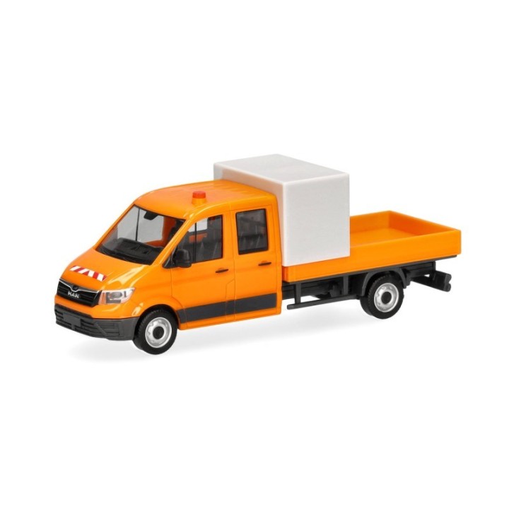 Herpa MAN TGE dobbeltkabine mit lad und Halbpresenning Baustellenabsicherung kommunalorange