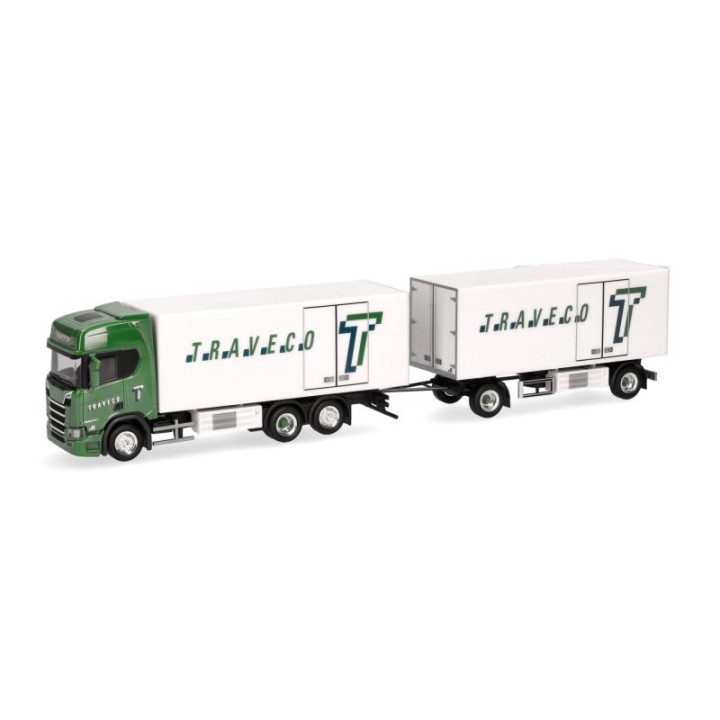 Herpa Scania CR20 HD Kühlkoffer-trækker-anhænger-kombination Traveco (Schweiz/Sursee)