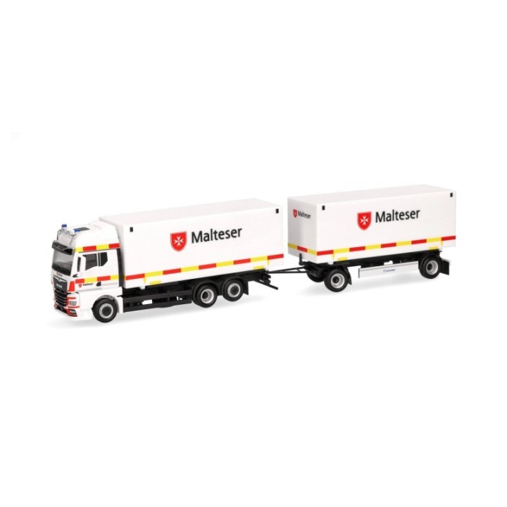 Herpa MAN TGX GX Wechselkoffer-trækker-anhænger-kombination Malteser/Bad Reichenhall