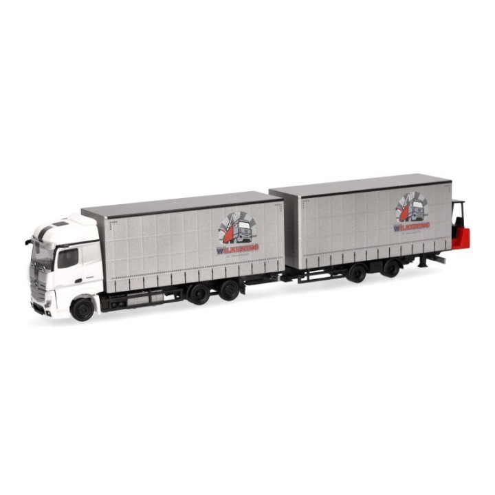 Herpa Mercedes-Benz Actros Jumbogardintrailertandem-trækker-anhænger-kombination mit Stapler Wilkening