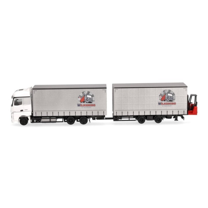 Herpa Mercedes-Benz Actros Jumbogardintrailertandem-trækker-anhænger-kombination mit Stapler Wilkening – produktbillede 4
