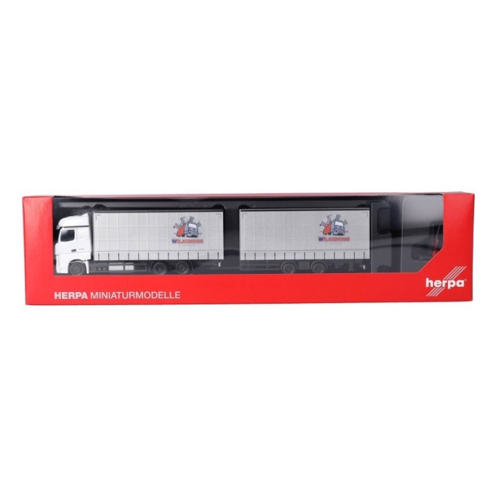 Herpa Mercedes-Benz Actros Jumbogardintrailertandem-trækker-anhænger-kombination mit Stapler Wilkening – produktbillede 5