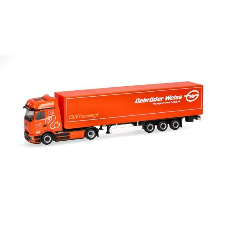 Herpa Mercedes-Benz eActros 600 ProCabin Bigspace presenningn-sættevognstræk Gebrüder Weiss (Österreich)