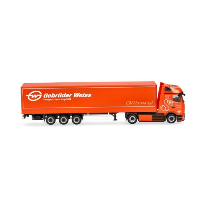 Herpa Mercedes-Benz eActros 600 ProCabin Bigspace presenningn-sættevognstræk Gebrüder Weiss (Österreich) – produktbillede 3