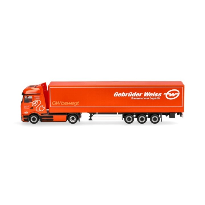 Herpa Mercedes-Benz eActros 600 ProCabin Bigspace presenningn-sættevognstræk Gebrüder Weiss (Österreich) – produktbillede 4