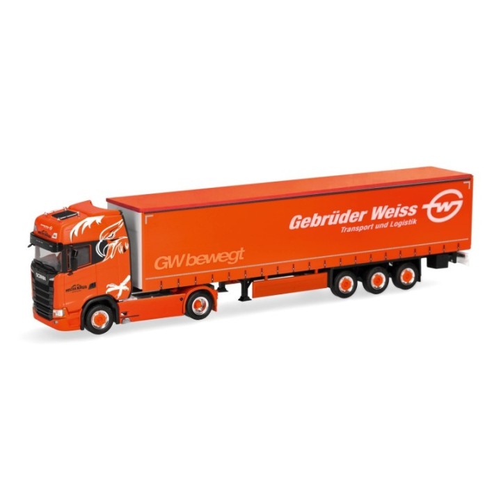 Herpa Scania CS 20 højt tag gardintrailer-sættevognstræk Mischa Berger Transporte/Gebrüder Weiss (CH/A)