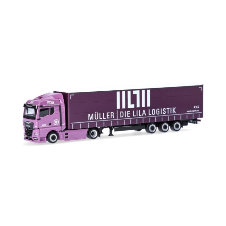 Herpa MAN eTGX GM Volumenpresenningn-sættevognstræk Müller - Die lila Logistik (Baden-Württemberg/Besigheim)