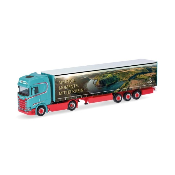Herpa Scania CS 20 højt tag gardintrailer-sættevognstræk Spedition Heuser/Faszination Loreley