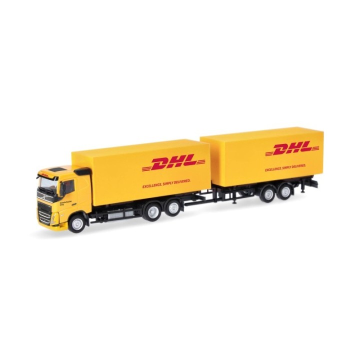 Herpa Volvo FH Flachdach 2020 Wechselkoffertandem-trækker-anhænger-kombination DHL