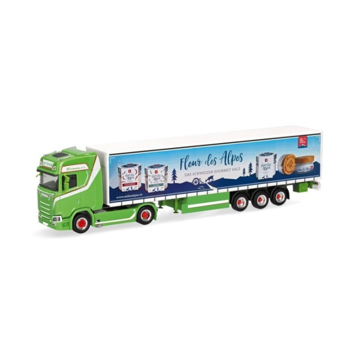 Herpa Scania CS 20 højt tag gardintrailer-sættevognstræk Urs Bühler - Fleur des Alpes (CH)