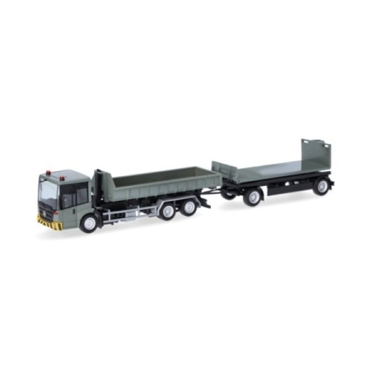 Herpa Mercedes-Benz Econic vekselladschassis-trækker-anhænger-kombination mit flacher Mulde und Flat grå-gul