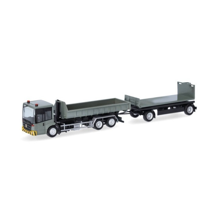 Herpa Mercedes-Benz Econic vekselladschassis-trækker-anhænger-kombination mit flacher Mulde und Flat grå-gul