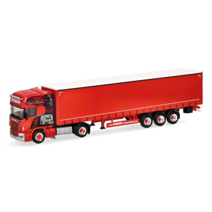 Herpa Scania R 09 Topline gardintrailer-sættevognstræk Ralf Tombers Transporte/Red Hunter