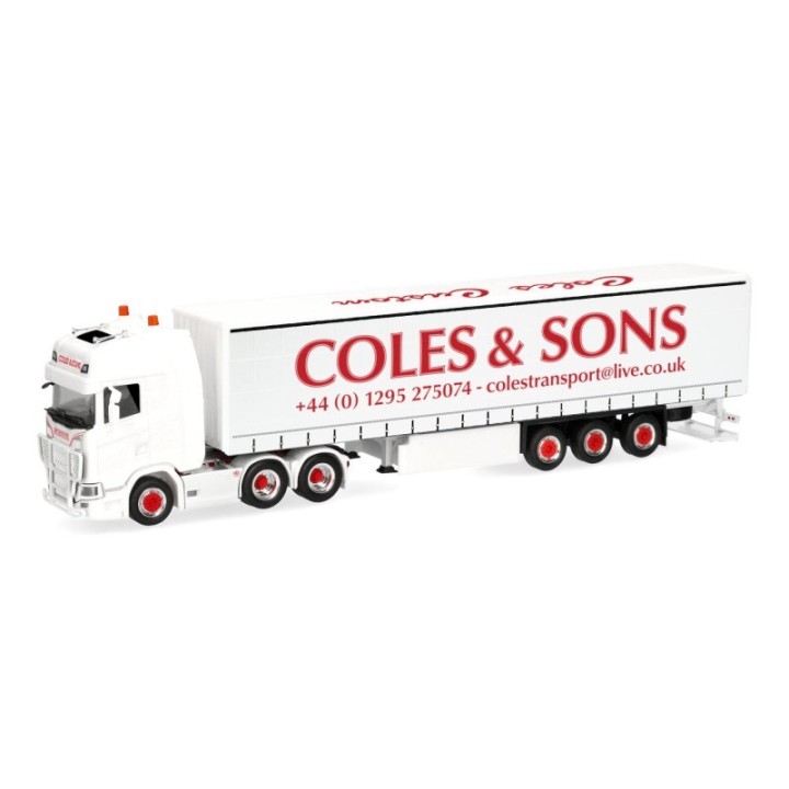 Herpa Scania CS 20 højt tag gardintrailer-sættevognstræk Coles & Sons (GB)