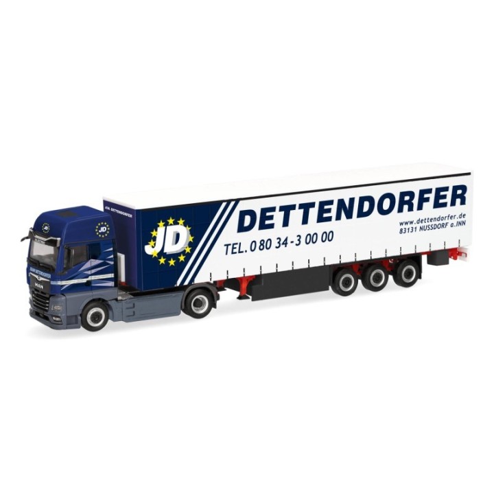 Herpa MAN eTGX GX gardintrailer-sættevognstræk Dettendorfer