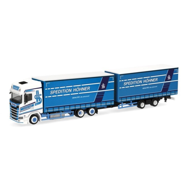 Herpa Scania CS 20 højt tag Volumengardintrailer-trækker-anhænger-kombination Spedition Höhner