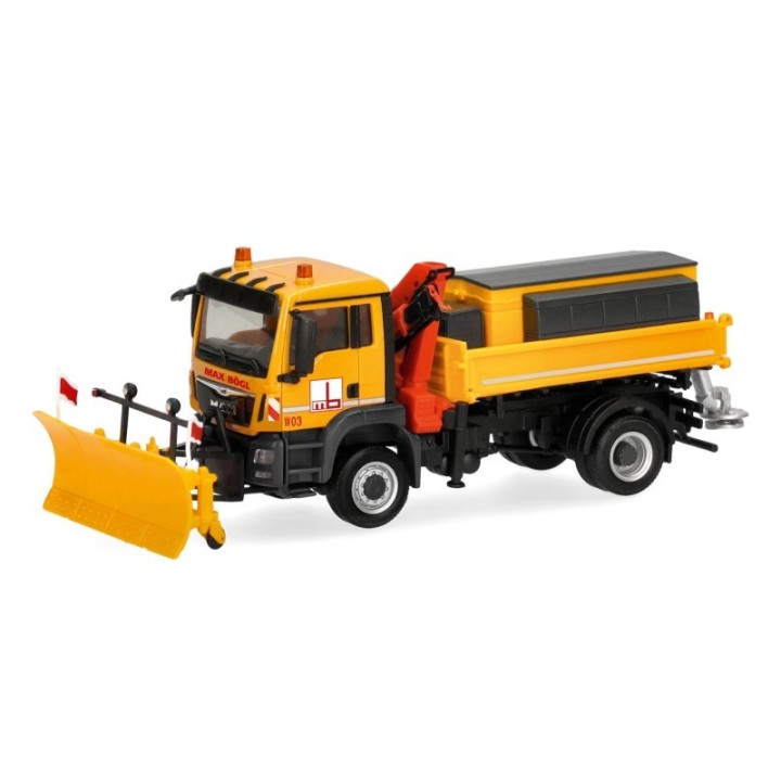 Herpa MAN TGS M Euro6c Dreiseitenkipper 2-akslet mit Kran/Winterdienst Max Bögl