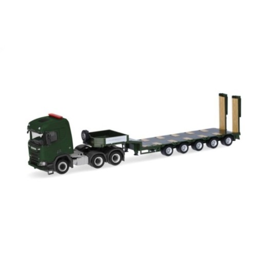 Herpa Scania CR 20 Niedrigdach Semitieflade-sættevognstræk Tschechische Armee