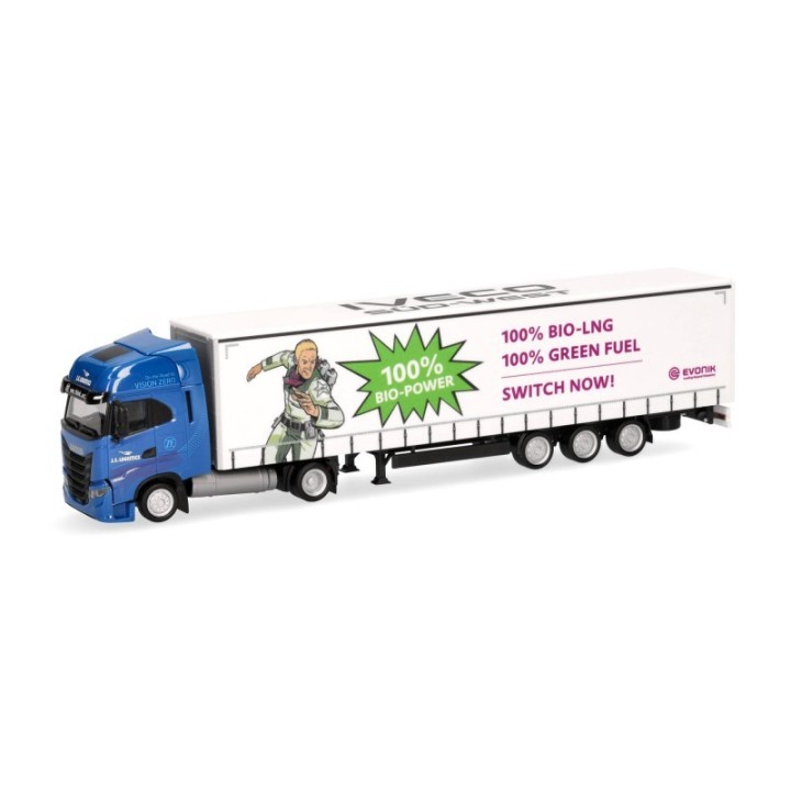 Herpa Iveco S-Way LNG Jumbogardintrailer-sættevognstræk J.S. Logistics/evonik
