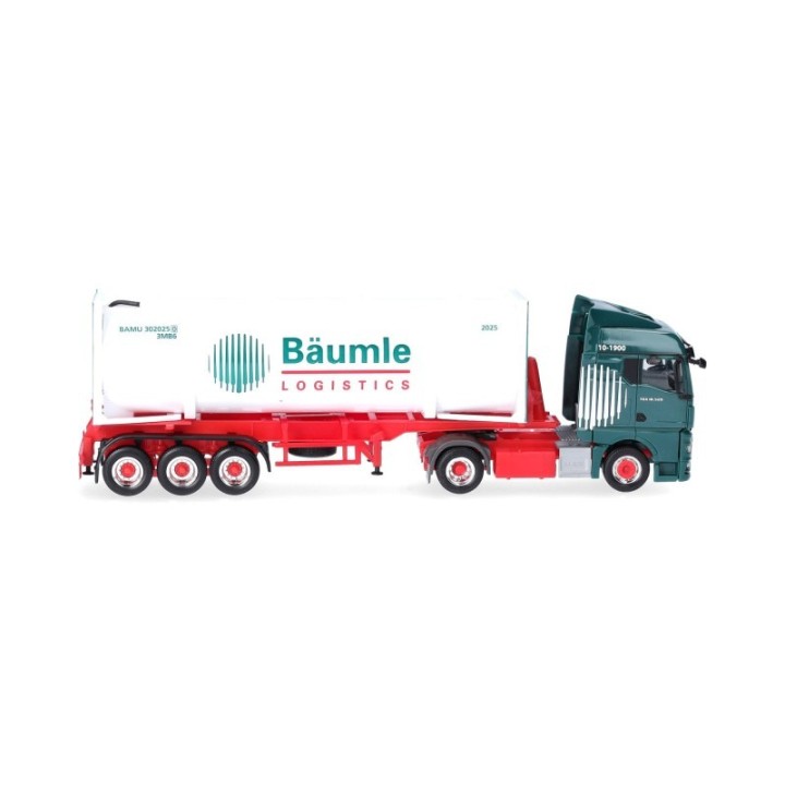 Herpa MAN TGX GM 30 ft Drucksilocontainer-sættevognstræk Bäumle Logistics – produktbillede 3